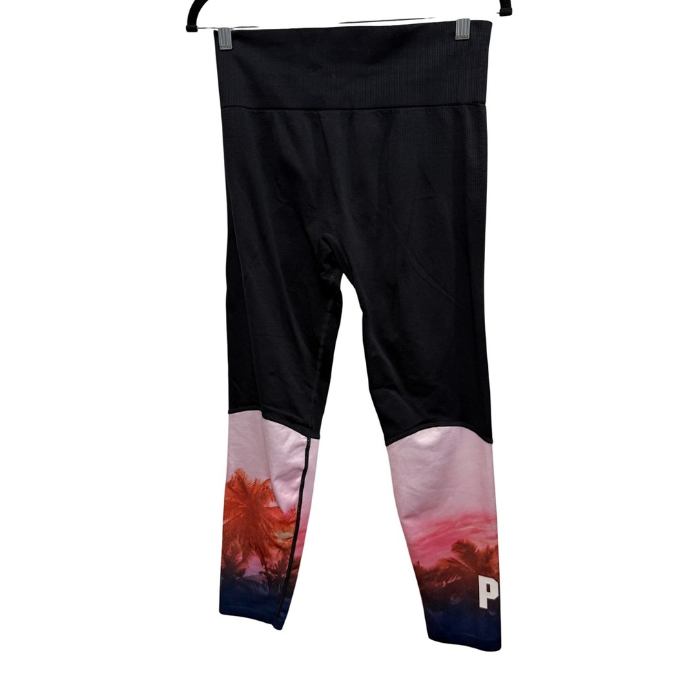 PINK Victoria's Secret Black Tropical Sunset Palm Tree Seamless Leggings Large